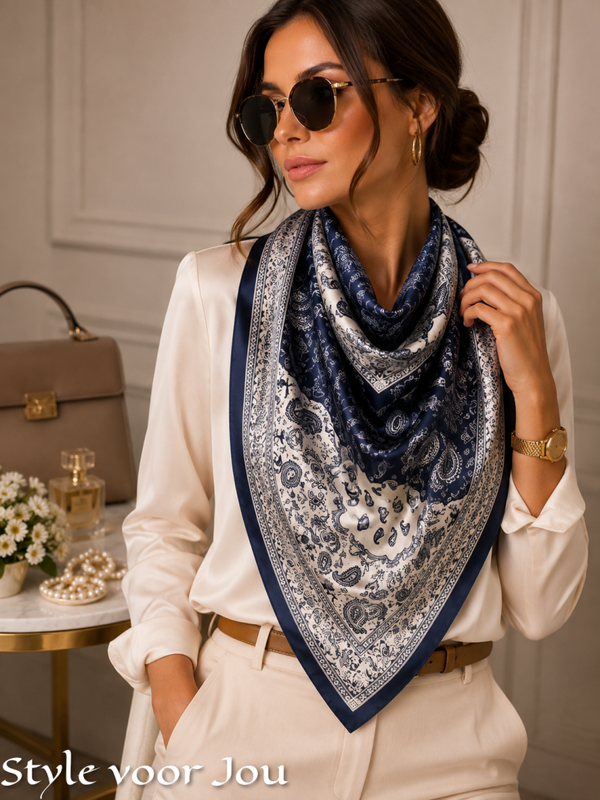 Satijnen sjaaltje Navy Paisley