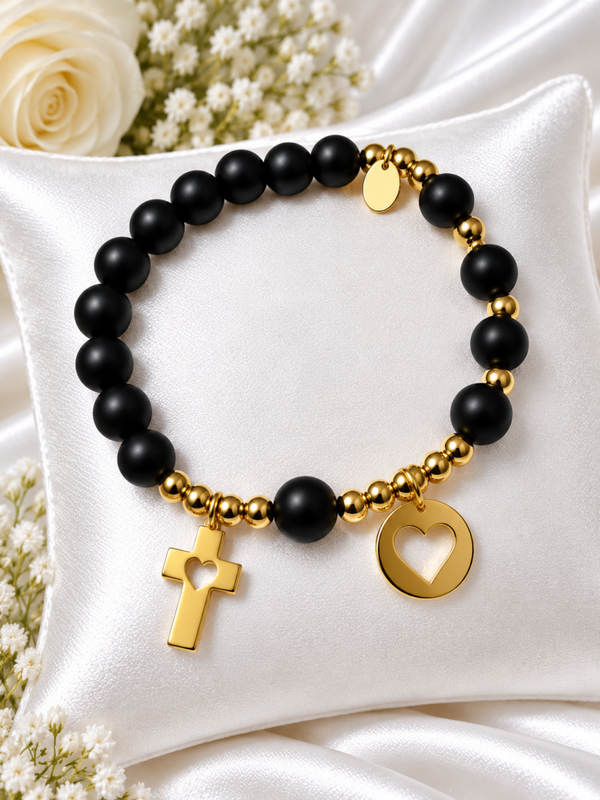 Armband met Matte Zwarte Agaat, Kruis en Hart(421)
