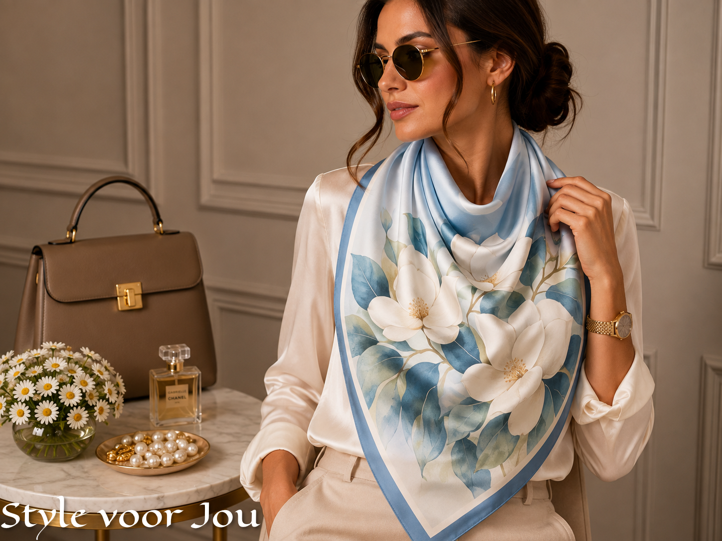 Satijnen sjaaltje Floral Blue Magnolia