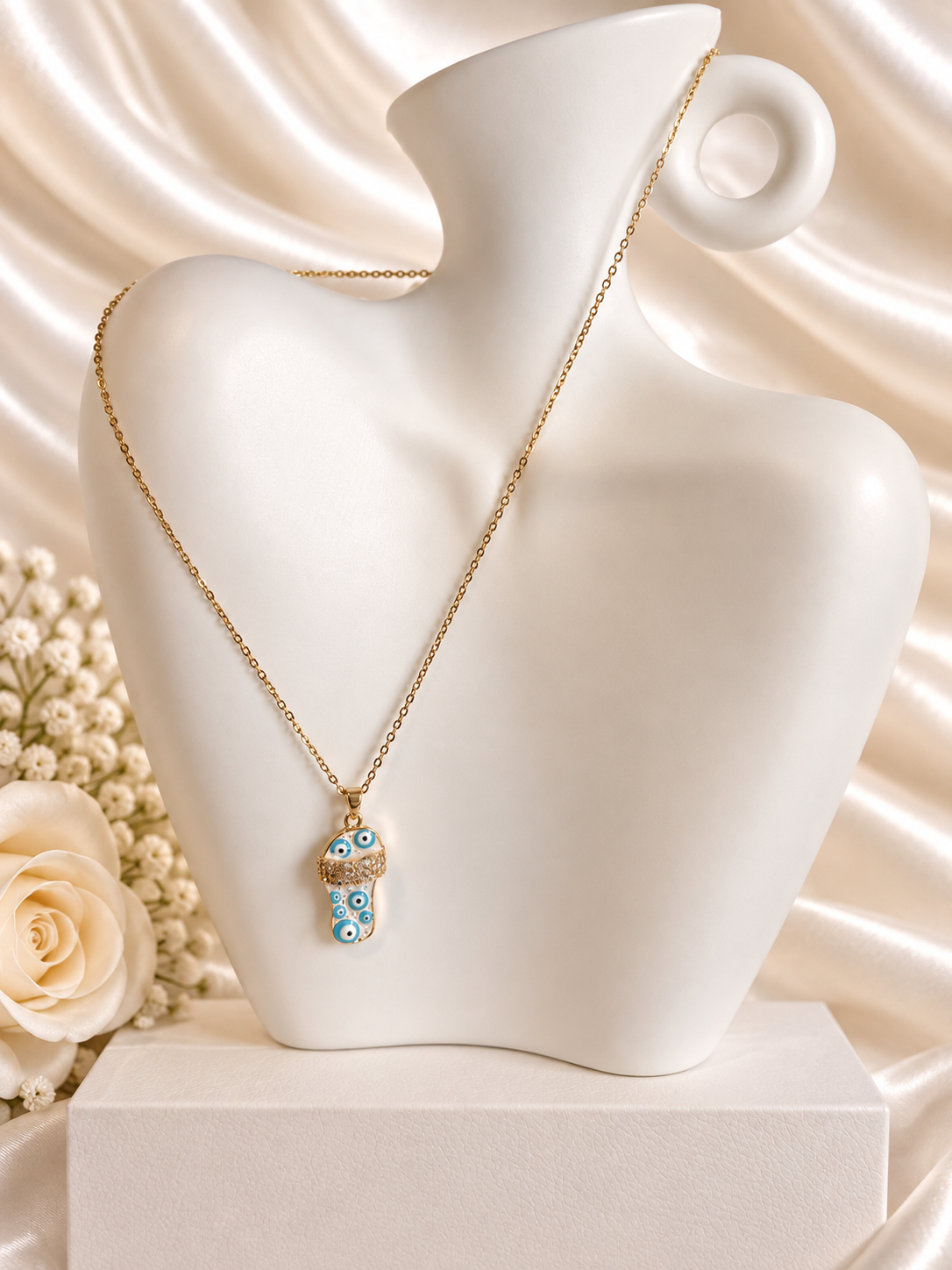 Gouden Ketting Slipper met Boze Oog (Evil Eye) & Zirkonia