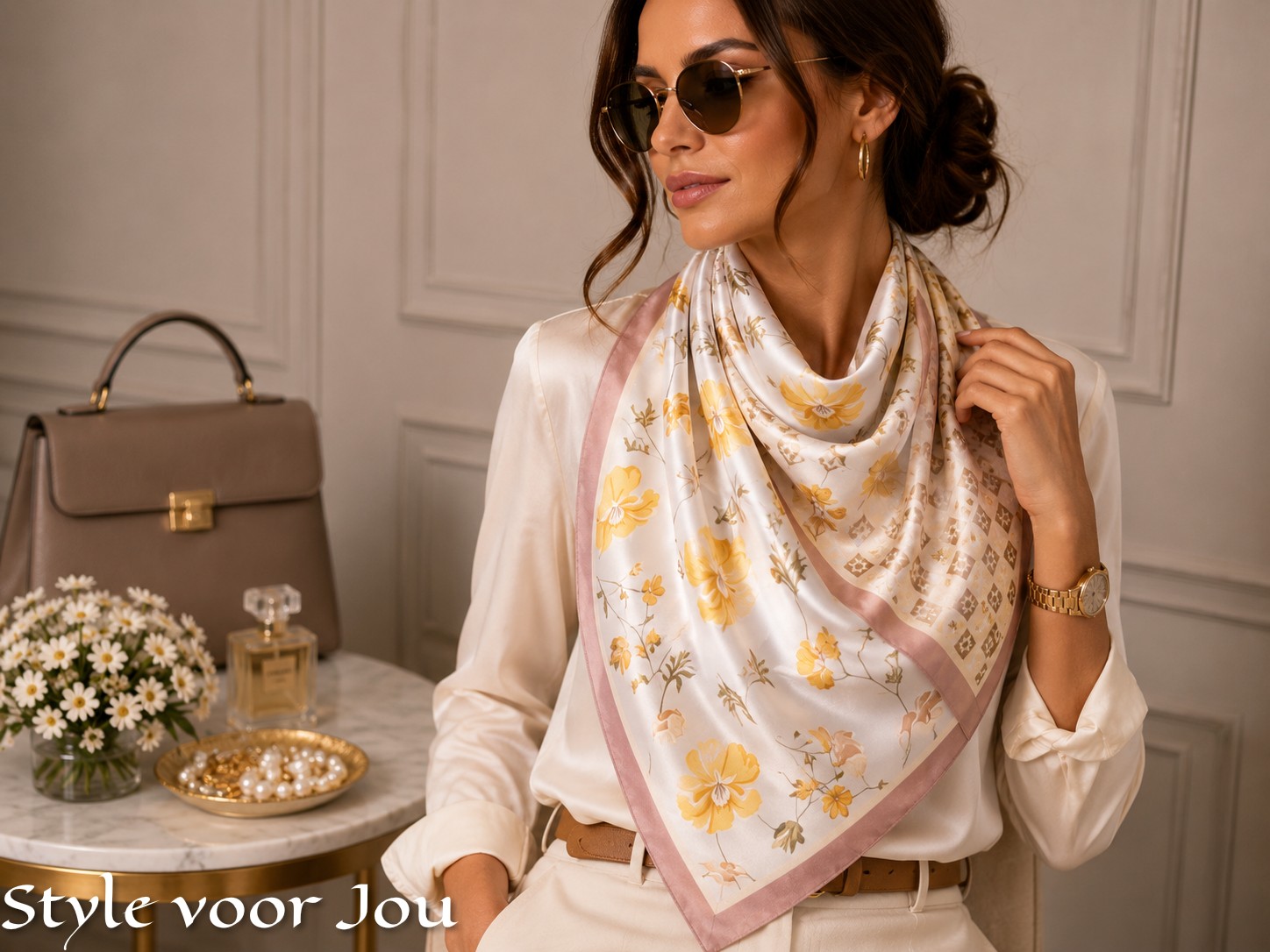 Satijnen sjaaltje Floral Soft Gold