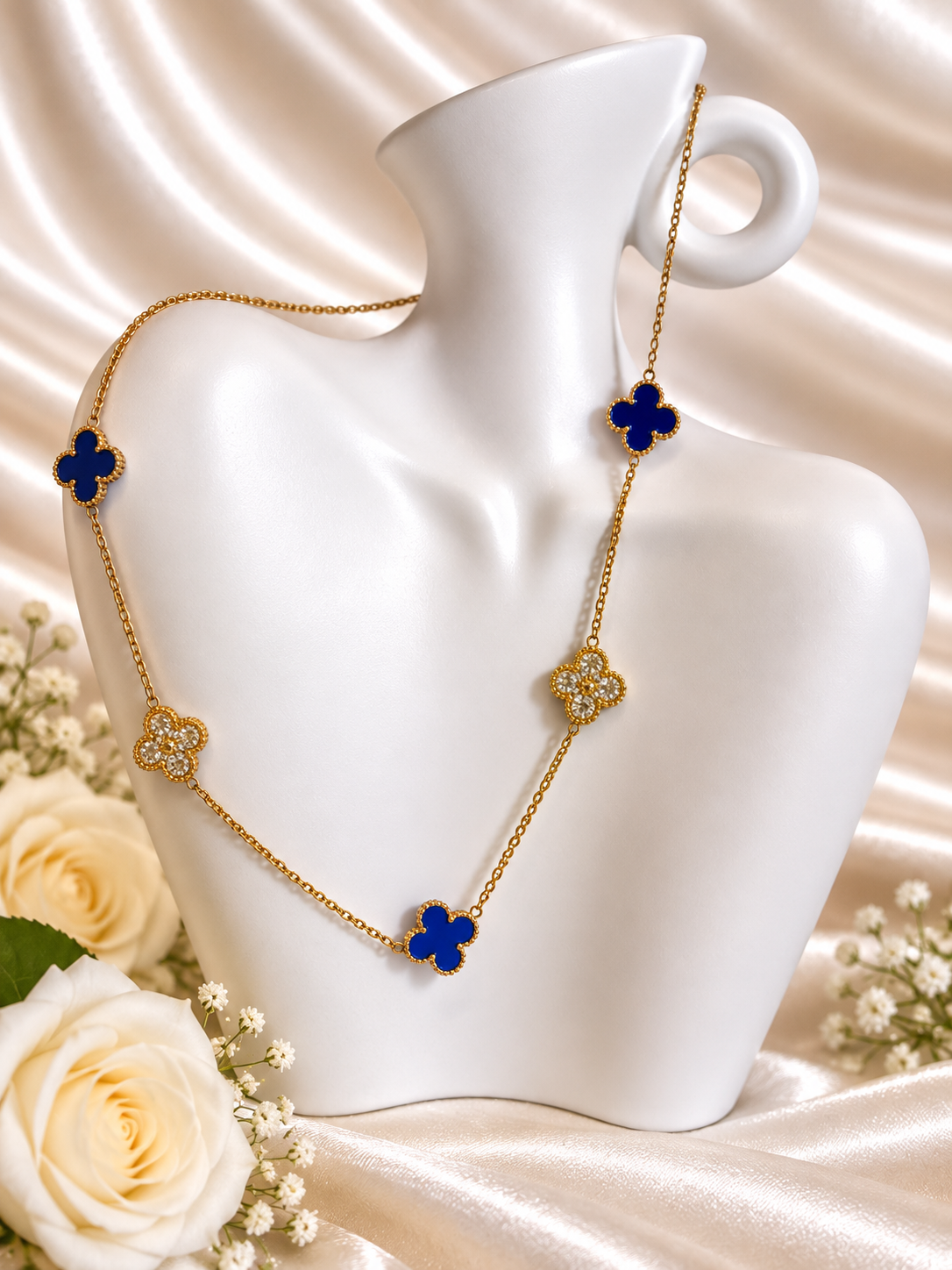 Gouden Ketting – Blauwe Lapis Lazuli & Zirkonia Alhambra