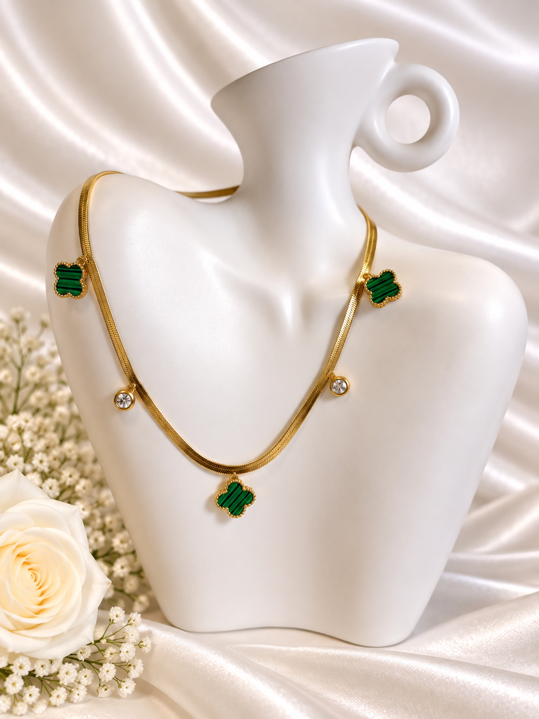 Gouden Snake Ketting – Groene Malachiet & Zirkonia