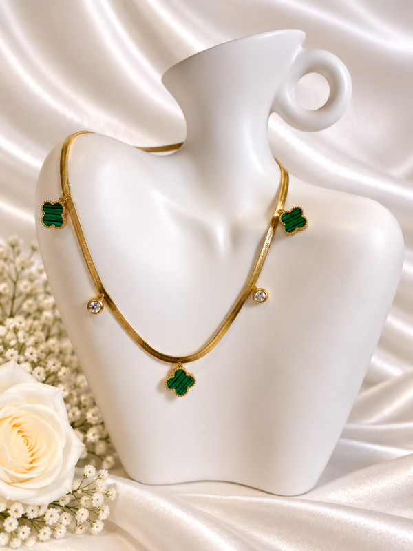Gouden Snake Ketting – Groene Malachiet & Zirkonia