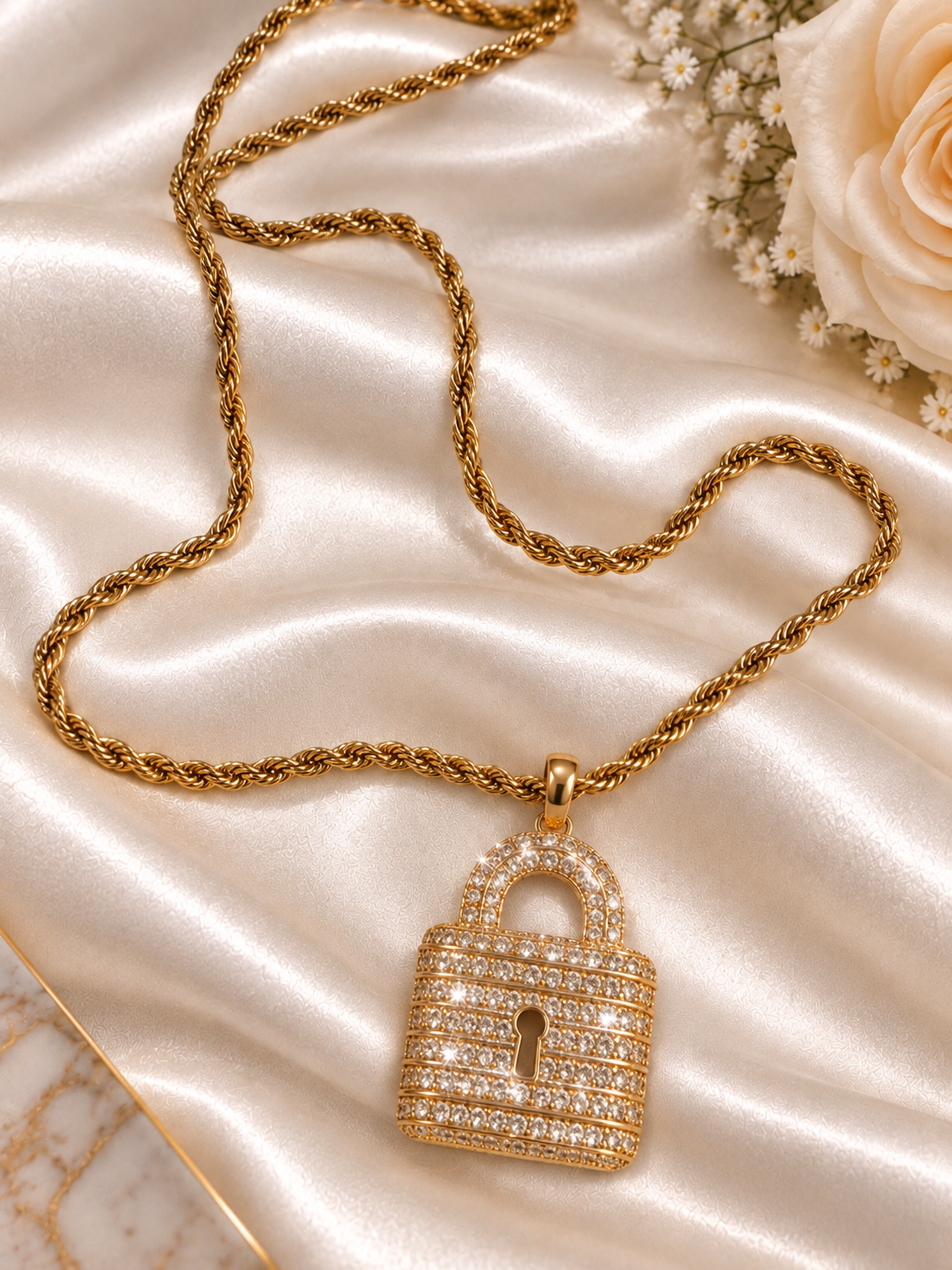 Lange Gouden Rope Ketting– Hangslot met Zirkonia