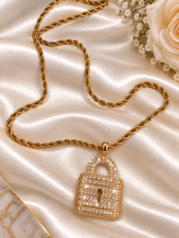 Lange Gouden Rope Ketting– Hangslot met Zirkonia