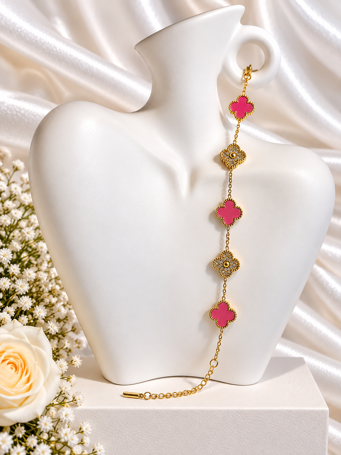 Nieuwe Gouden Armband Klavertjes Roze & Zirkonia