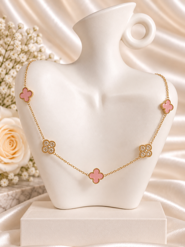 Gouden Ketting Roze Klavertjes & Zirkonia Alhambra