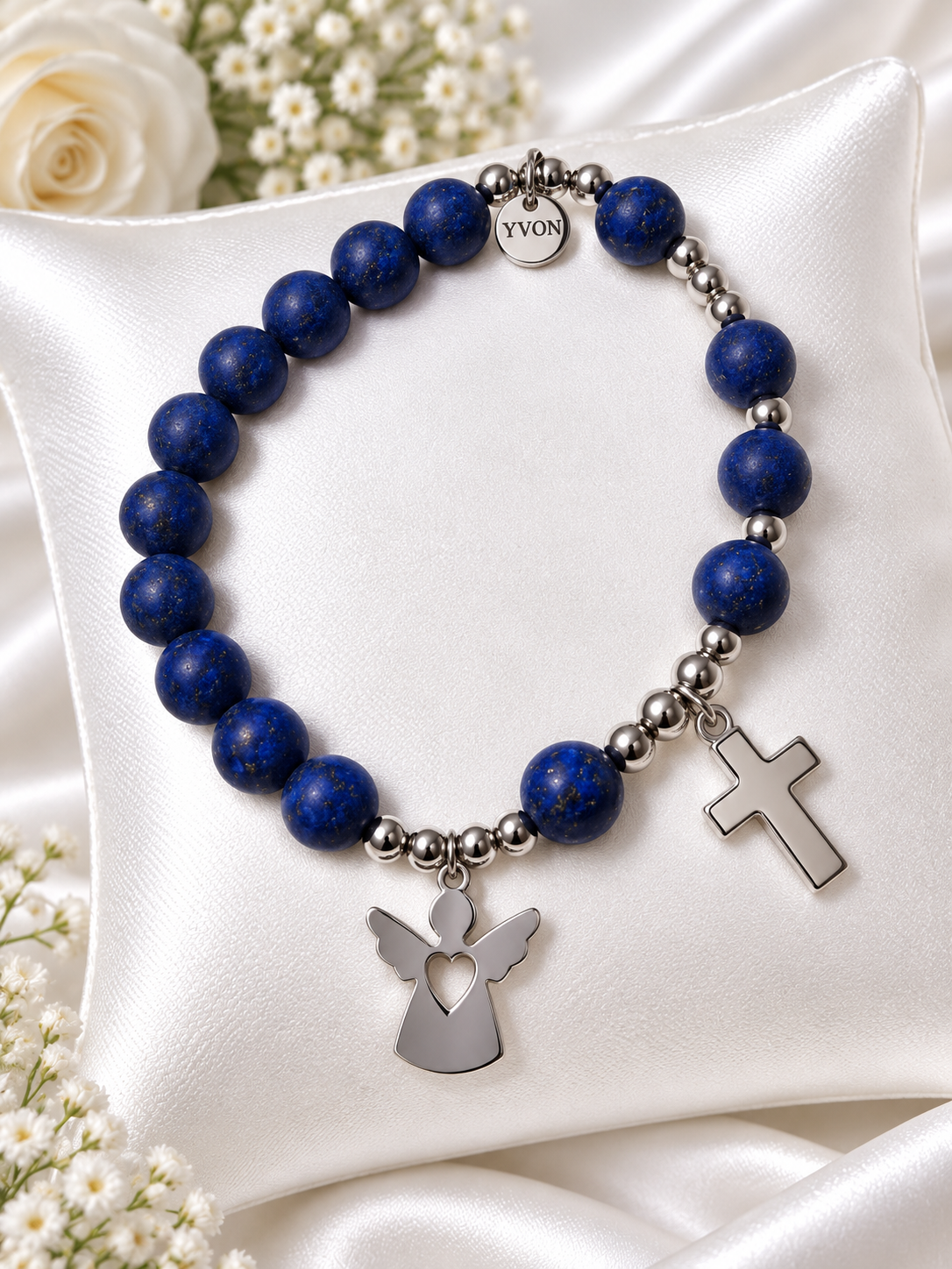 Armband met Lapis Lazuli, Engel en Kruis(399)