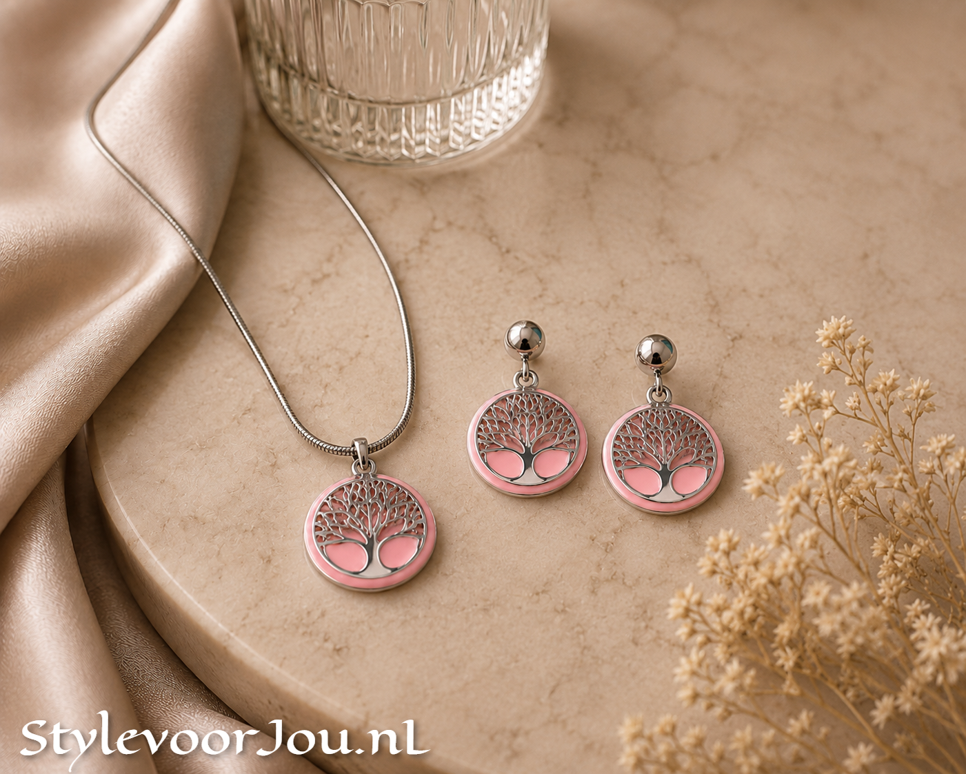 Elegante sieradenset – Roze levensboom