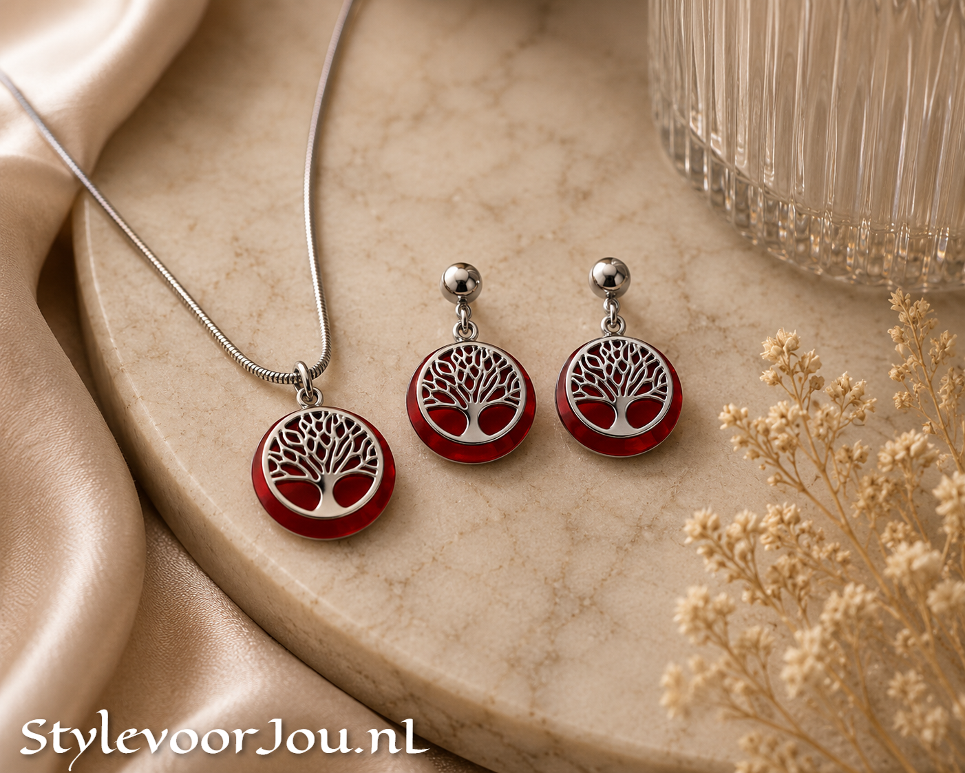 Elegante sieradenset – Rode levensboom