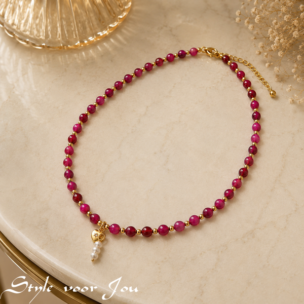 💗 Een elegante ketting van roze tijgeroog en natuurlijke parels