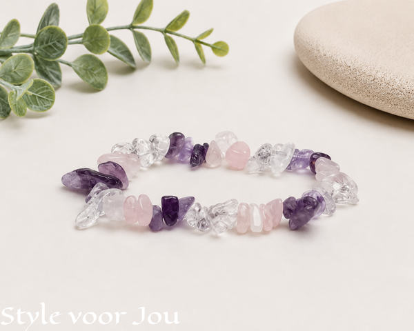 💜 Armband van natuursteen – Amethist, Rozenkwarts en Bergkristal