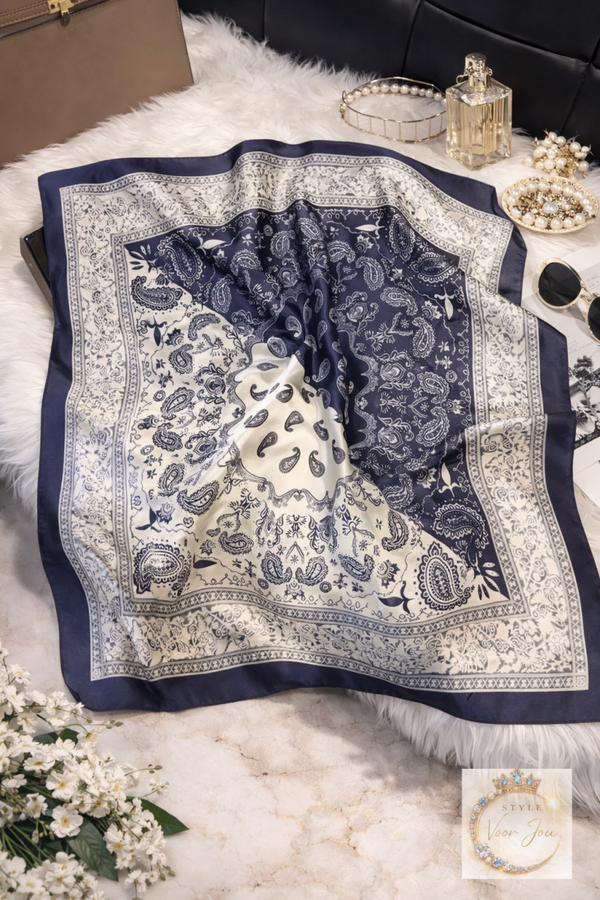 Satijnen sjaaltje Navy Paisley