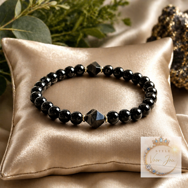 🖤Een elegante armband van natuurstenen: toermalijn en obsidiaan