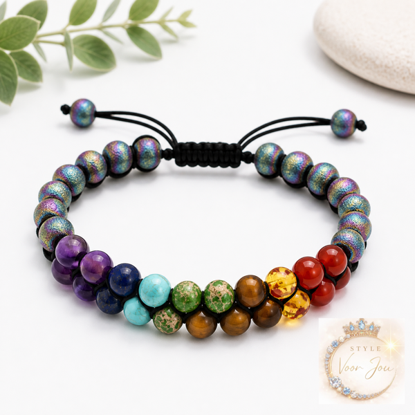 Stijlvolle armband met natuurlijke stenen en iriserende rainbow kralen