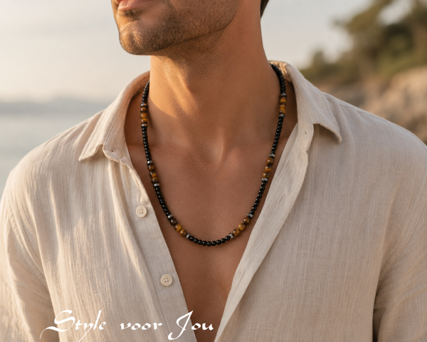🖤 Herenketting met Tijgeroog, Toermalijn & Hematiet 🖤