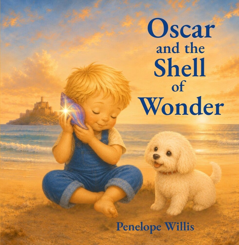 Cover of the children's book Oscar and the Shell of Wonder by Penelope Willis, showing Oscar at the seaside with a glowing shell, reflecting kinfness, awe, and care for the natural world