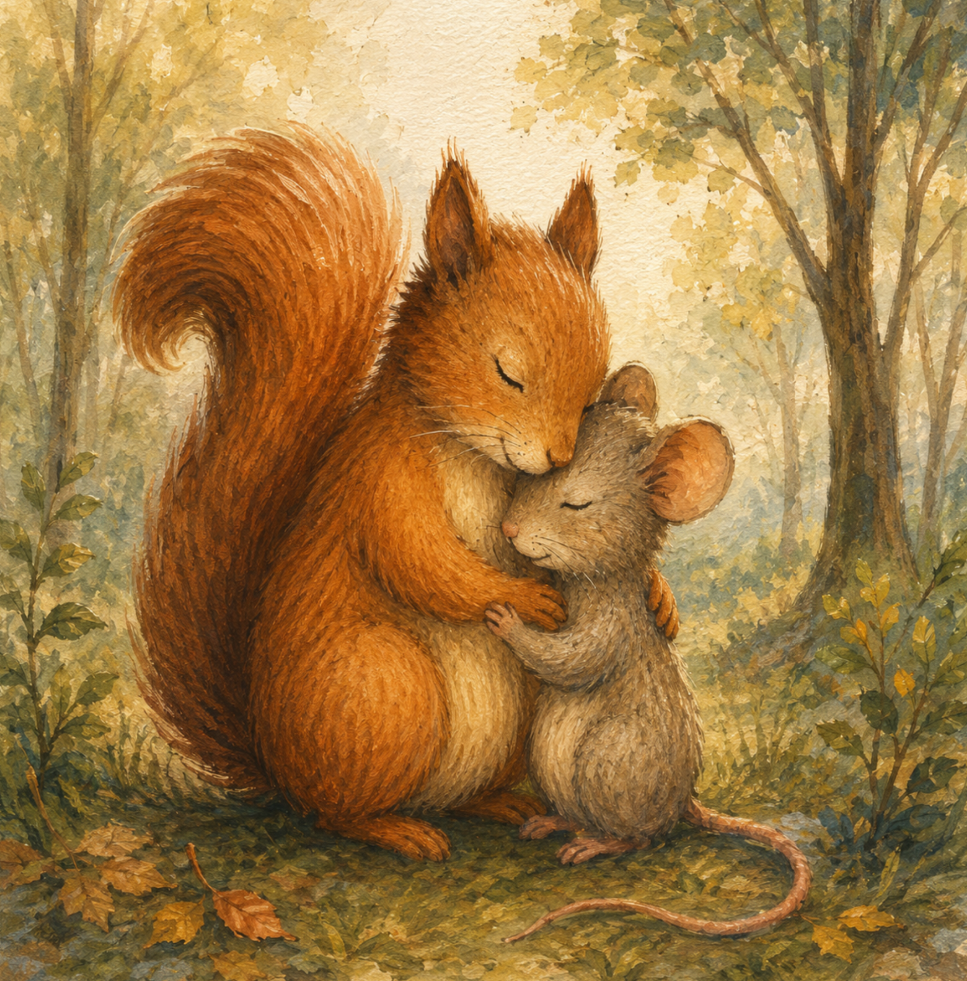 Calming children’s bedtime story illustration from Whenever You Miss Me Look for the Moon by Penelope Willis, showing a squirrel and mouse hugging, representing love, comfort, and emotional reassurance for young children