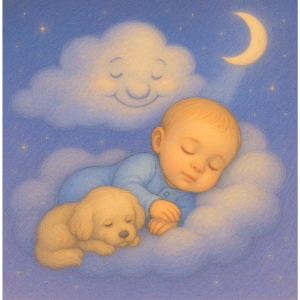 Soothing artwork showing a very  small boy and his dog safe on a cloud, from the comforting bedtime story "Oscar and the Whispering Cloud" by Penelope Willis - a tale of love, calm, and gentle dreams.