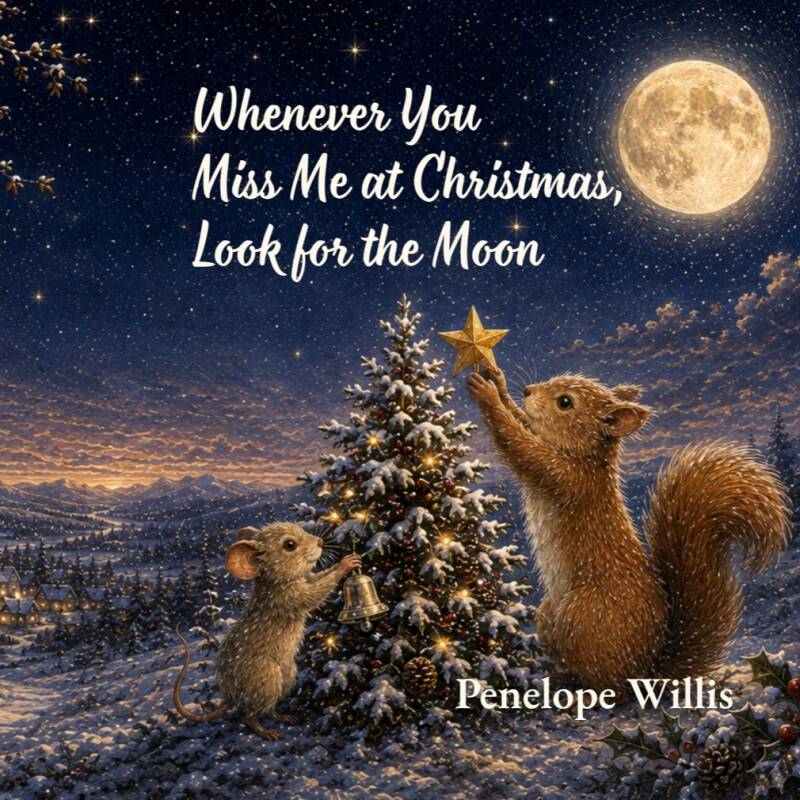 Cover of Whenever You Miss Me at Christmas, Look for the Moon by Penelope Willis, a comforting children's Christmas picture book featuring Mouse, Squirrel and a glowing moon.