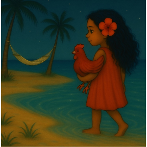 Illustration of Elani and her little chicken Lulu walking back to their hammock on the Cayman islands from the children's book "Elani and the Sea of Light" by  Penelope Willis