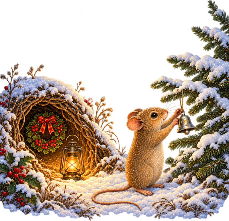 Mouse hanging a silver bell on a snowy Christmas tree beside his warmly lit burrow, an illustration from Whenever You Miss Me at Christmas, Look for the Moon by Penelope Willis.