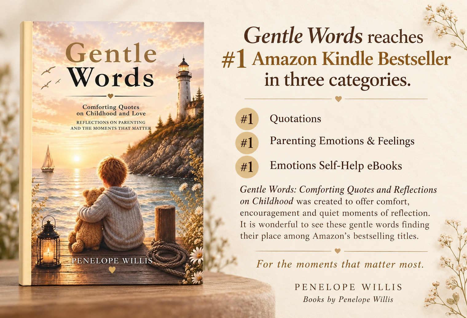 Gentle Words by Penelope Willis, #1 Amazon Kindle Bestseller in Quotations, Parenting Emotions & Feelings and Emotions Self Help eBooks.