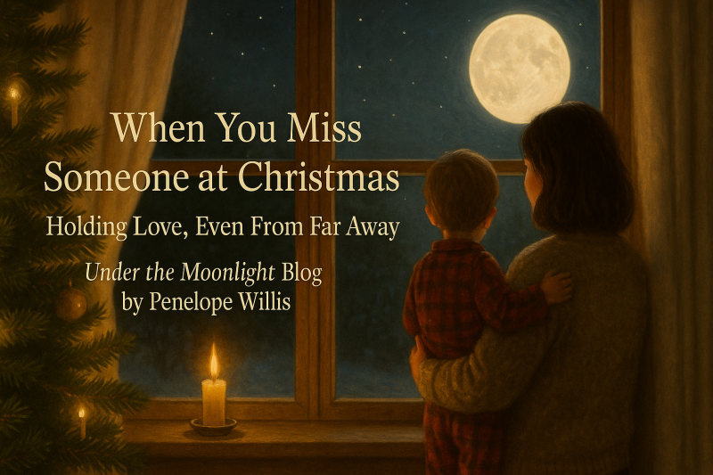 A parent and child stand together by a window on Christmas night, looking up at a full glowing moon. A candle flickers on the windowsill and a Christmas tree glows softly beside them, creating a warm, emotional scene of missing someone who is far away.