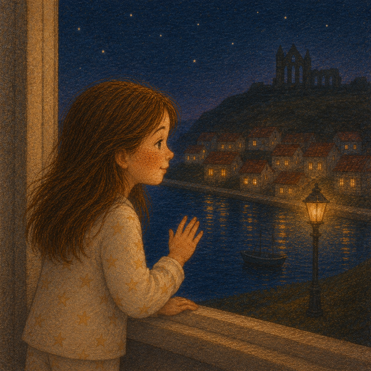 ottie looking out of window at Royal Hotel Whitby real view at night from Lottie and the Hotel by the Sea by Penelope Willis, calming children’s bedtime story inspired by a real place