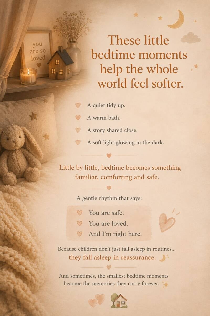 Calming bedtime routine poster with cosy nursery decor, soft bunny toy, warm lighting and reassuring bedtime words by Penelope Willis.