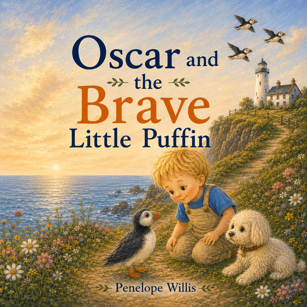 Cover of the children's boon Oscar and the Brave Little Puffin  by Penelope Willis, featuring a young boy , a dog and a puffin together, symbolishing friendship, courage and gentle emotional support