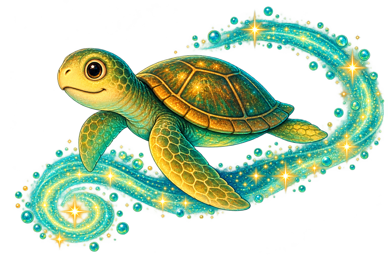 Friendly green sea turtle swimming through sparkling turquoise water with glowing ripples in Elani and the Sea of Light.