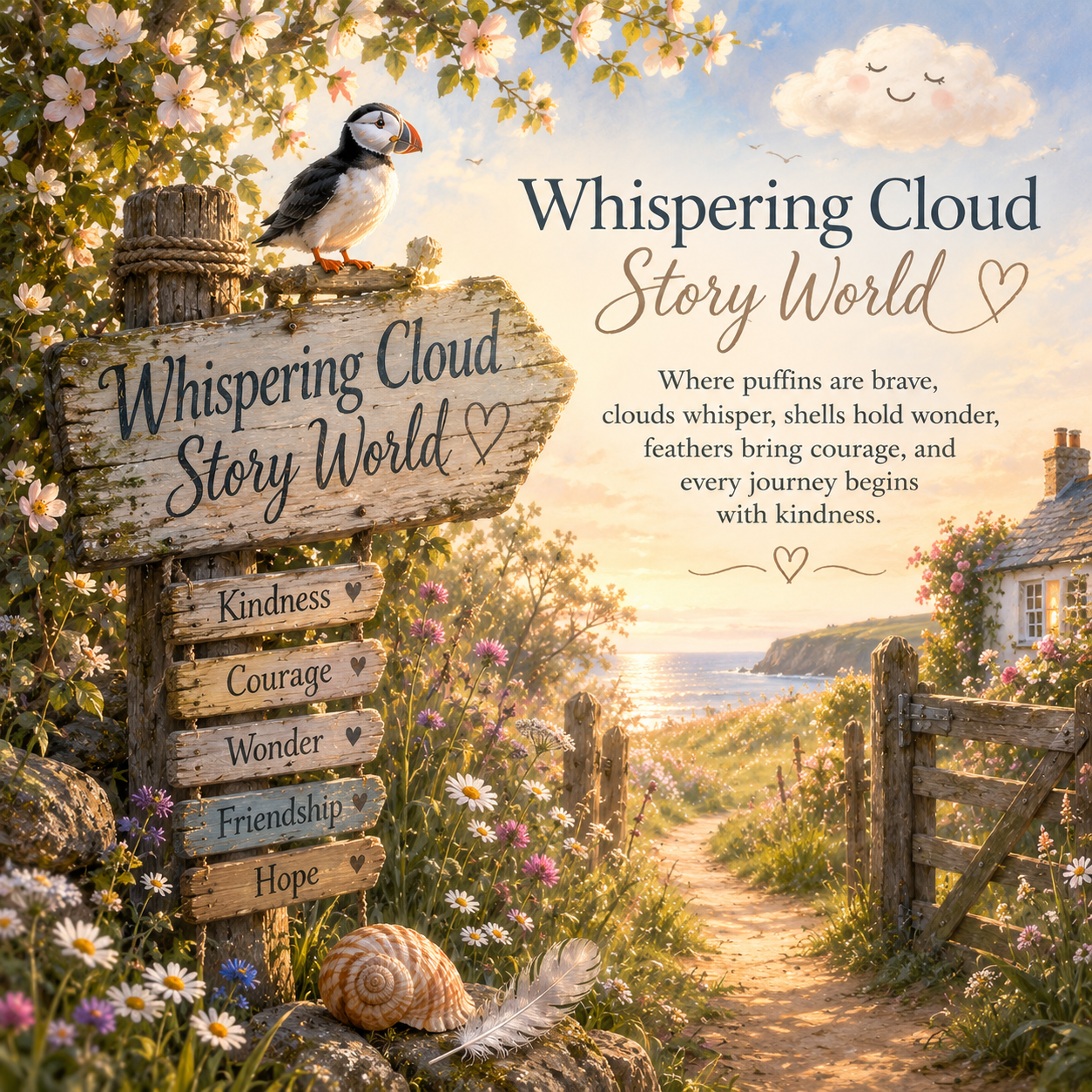 Painterly illustration of the Whispering Cloud Story World with a puffin, wildflowers, a winding path and a welcome sign leading into a comforting storybook landscape.