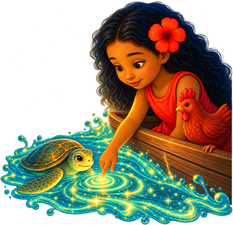 Elani and Lulu in a wooden boat beside a sea turtle, discovering the glowing ocean in Penelope Willis's children's story.