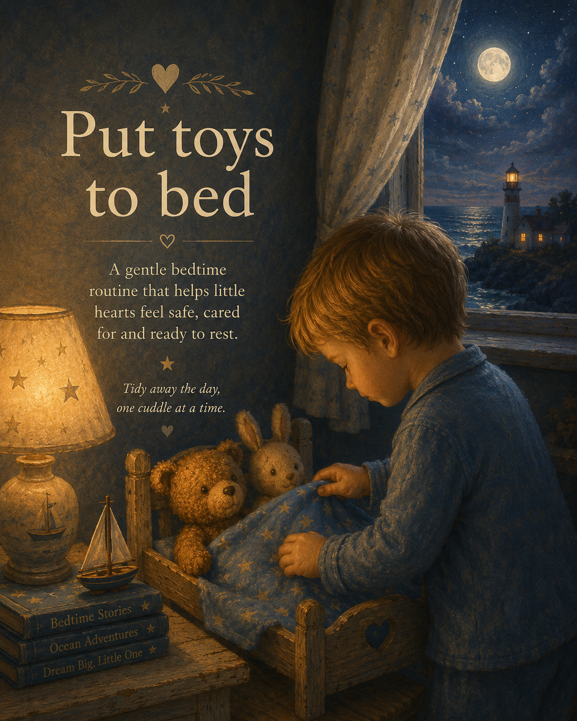 Painterly bedtime scene of a child tucking toys into bed beside a moonlit seaside window and lighthouse.