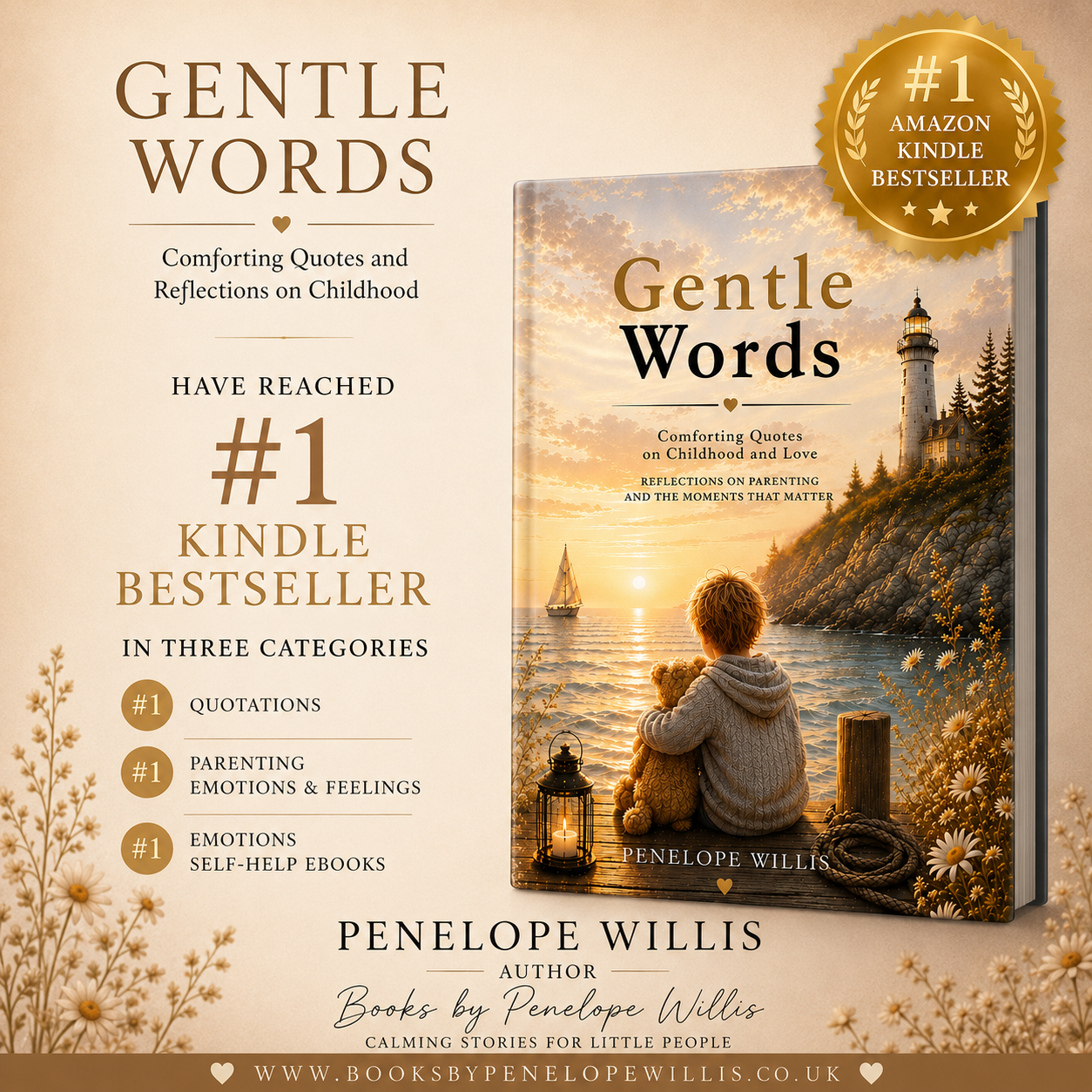 Gentle Words by Penelope Willis, a comforting quote book, celebrating #1 Amazon Kindle Bestseller in three categories.