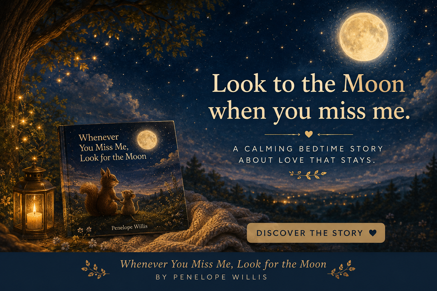 Moonlit banner for Whenever You Miss Me, Look for the Moon by Penelope Willis, a comforting children’s story about love and staying connected. 