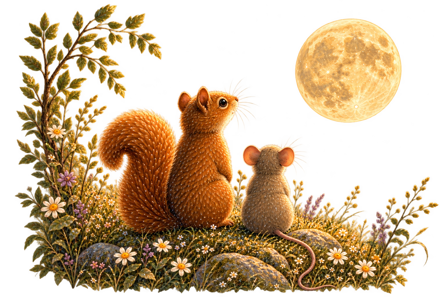 Illustration of Mouse and Squirrel gazing at the glowing moon in Whenever You Miss Me, Look for the Moon, a comforting children's book by Penelope Willis.