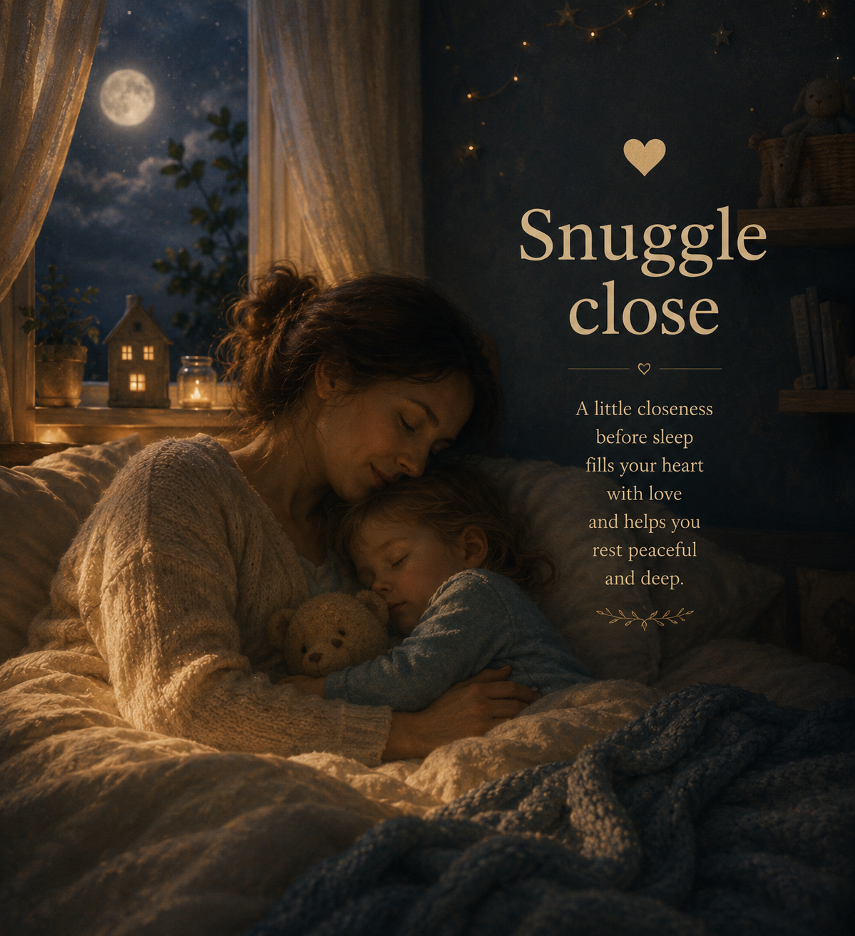 Mother and child snuggling close in a cosy moonlit bedroom with warm blankets and soft bedtime lighting.