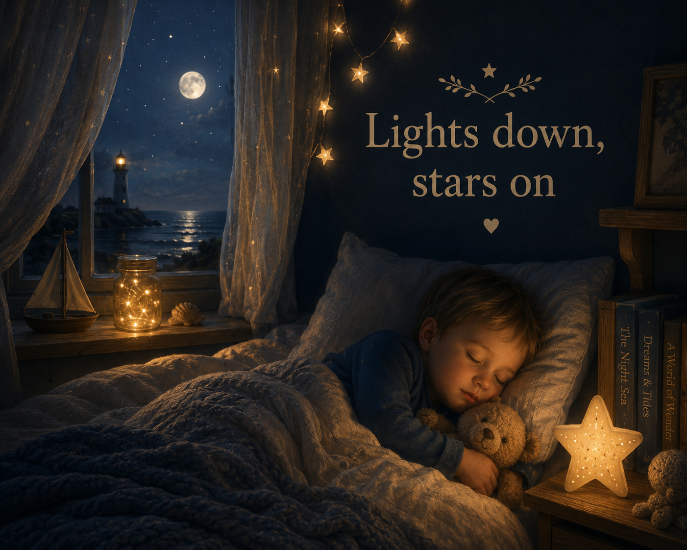 Sleeping child cuddling a teddy bear in a cosy moonlit bedroom with star lights and lighthouse view.