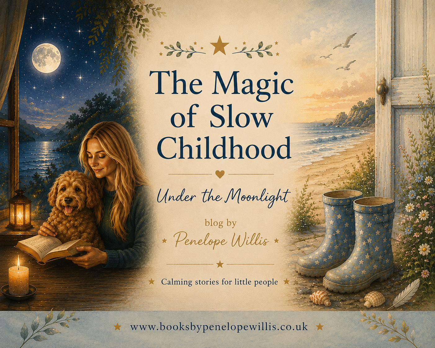 Illustrated blog banner for The Magic of Slow Childhood by Penelope Willis, featuring a cosy moonlit reading scene with a woman and her cockapoo beside candlelight, alongside a soft coastal beach scene with blue star-patterned wellies, shells, wildflowers