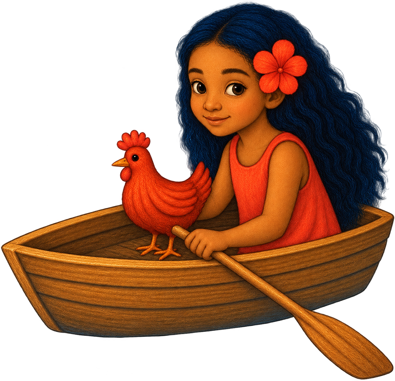 Elani sitting with Lulu the hen in a wooden rowing boat, from Penelope Willis's magical children's book about nature.