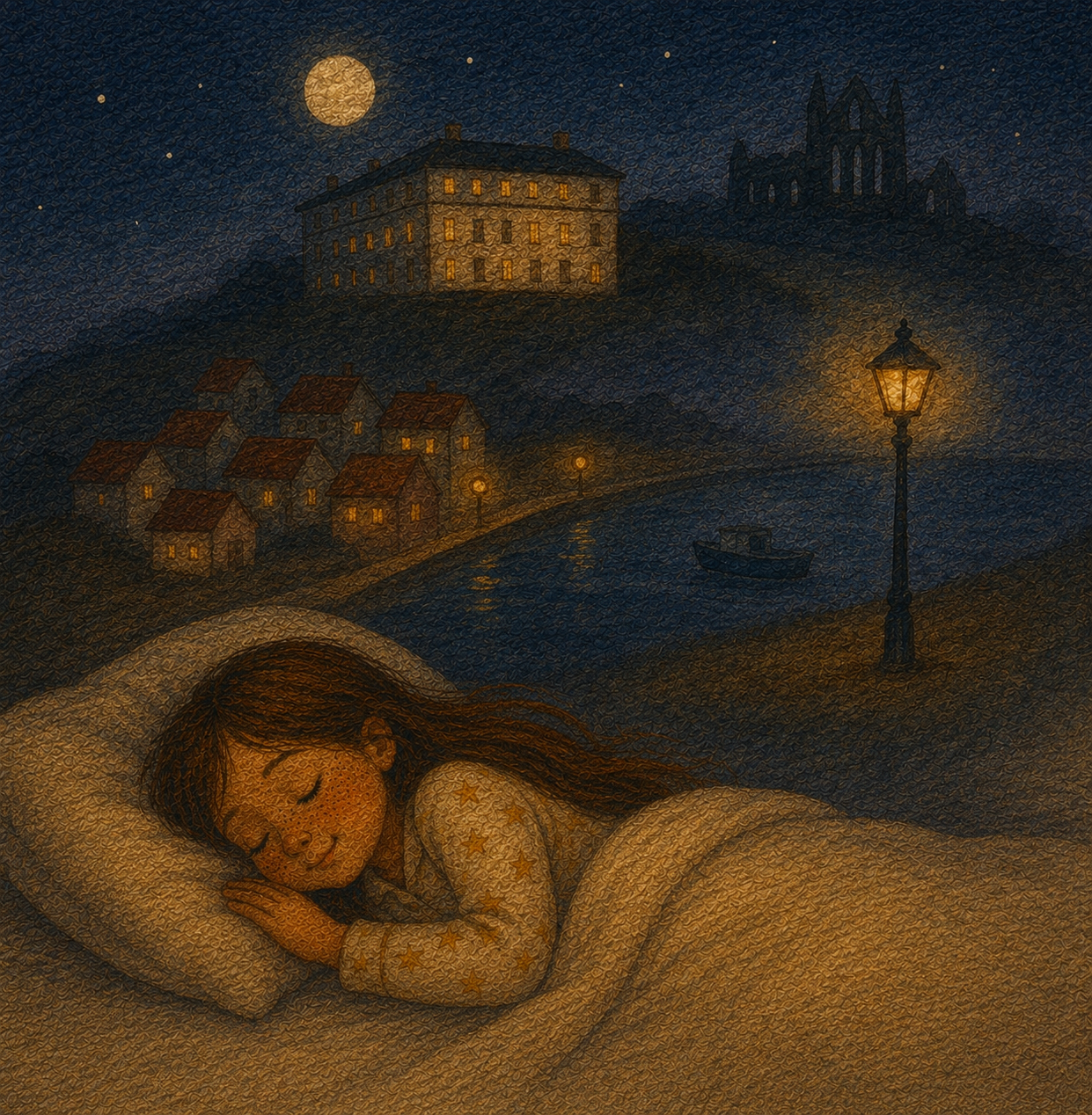 Lottie sleeping peacefully with view of Royal Hotel Whitby and Whitby Abbey at night in Lottie and the Hotel by the Sea by Penelope Willis, calming children’s bedtime story about reassurance and feeling safe