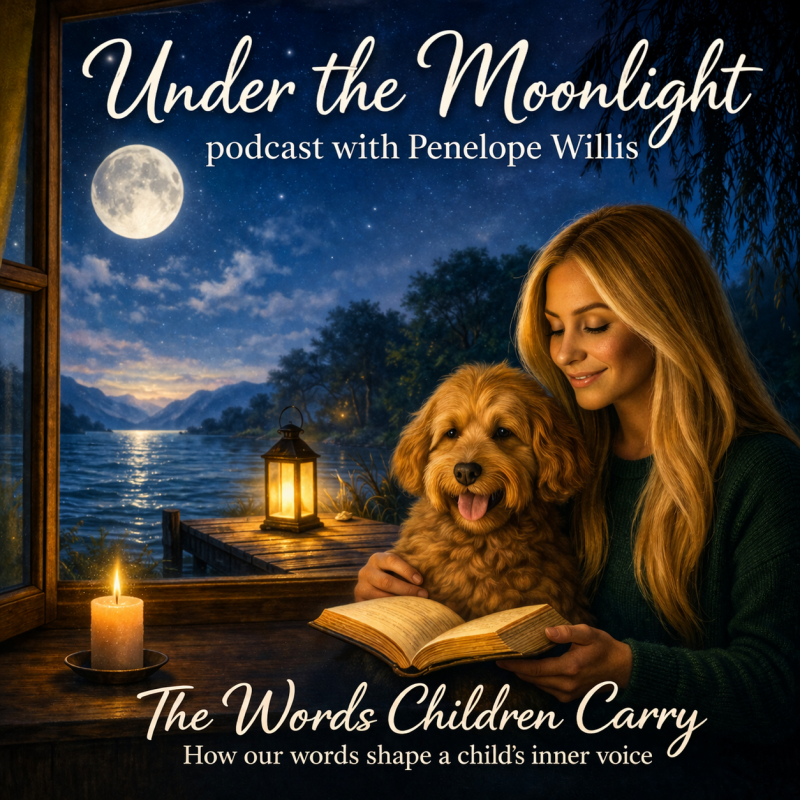 Under the Moonlight podcast image by Penelope Willis for The Words Children Carry, showing a moonlit bedtime reading scene about words, children and inner voice.