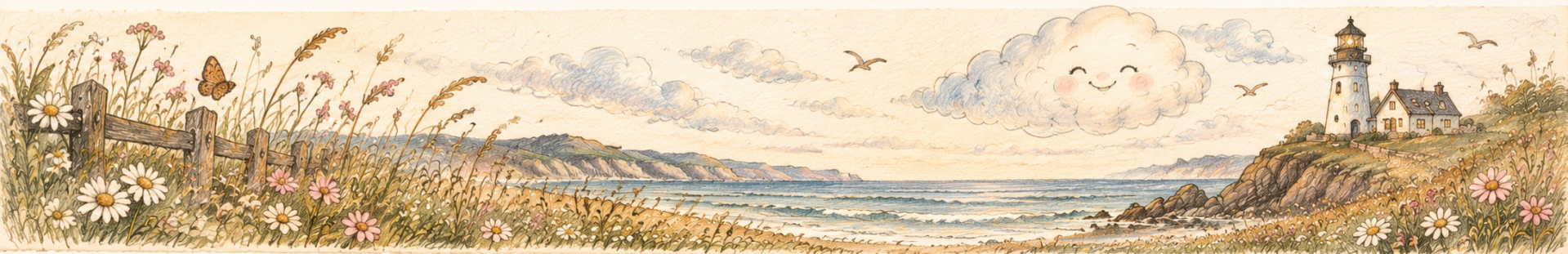 Hand illustrated coastal scene for Penelope Willis children's books, featuring a friendly Whispering Cloud, lighthouse, wildflowers and a peaceful sea.