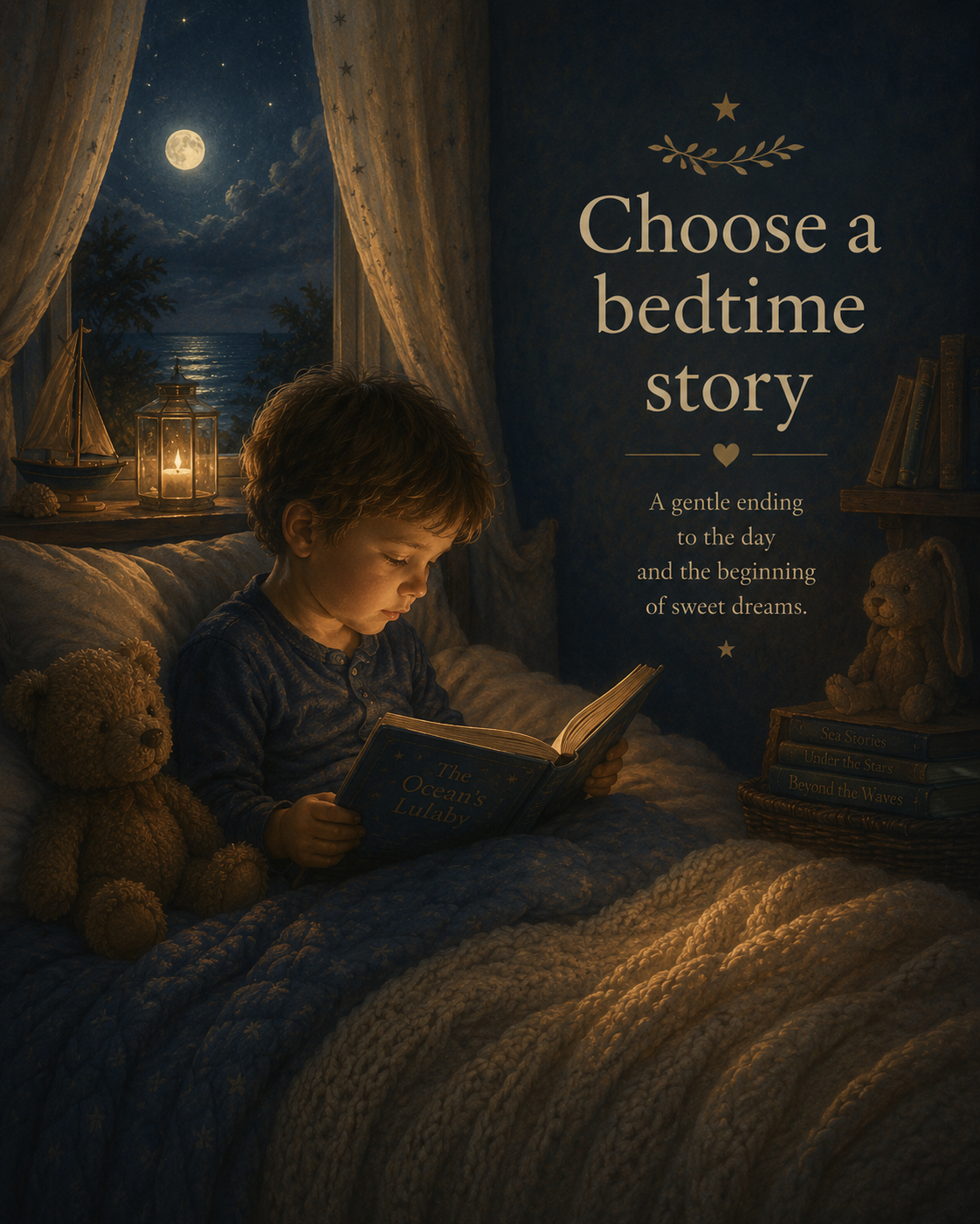 Child reading a bedtime story in a cosy moonlit bedroom with teddy bear, lighthouse view and warm bedtime glow