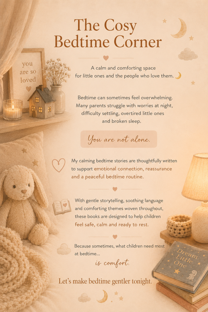 Cozy bedtime corner with warm lighting, soft toys, calming bedtime quotes and a peaceful nursery atmosphere by Penelope Willis.