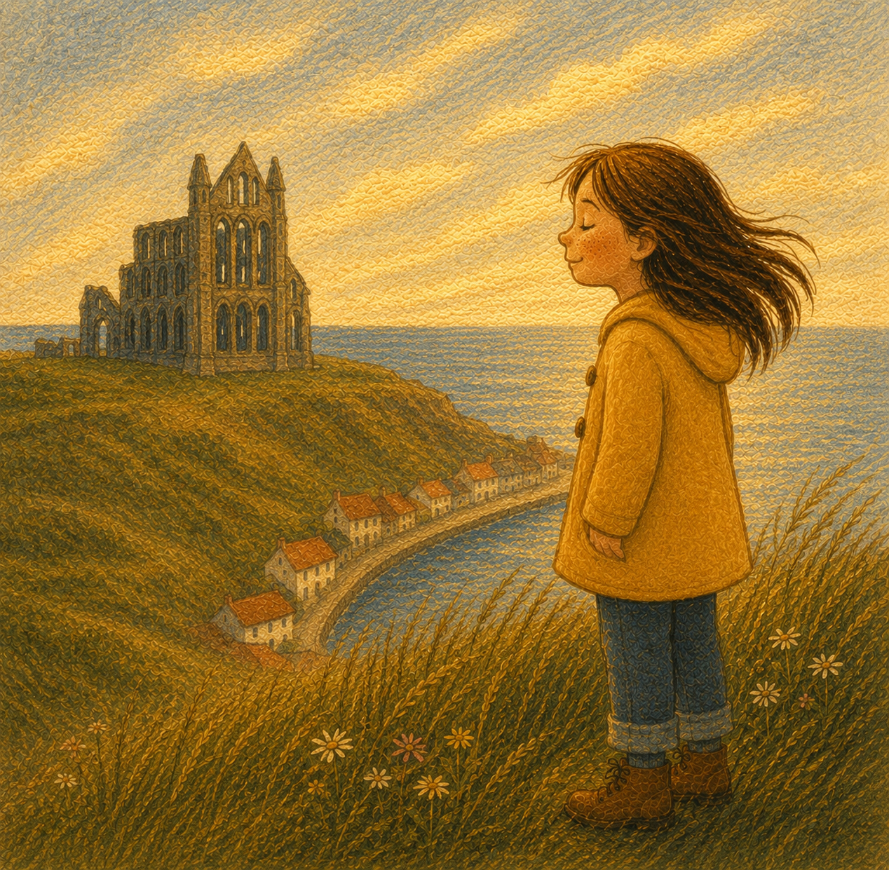 Lottie looking at Whitby Abbey from the clifftop in Lottie and the Hotel by the Sea by Penelope Willis, calming children’s bedtime story about new places, reassurance and feeling safe