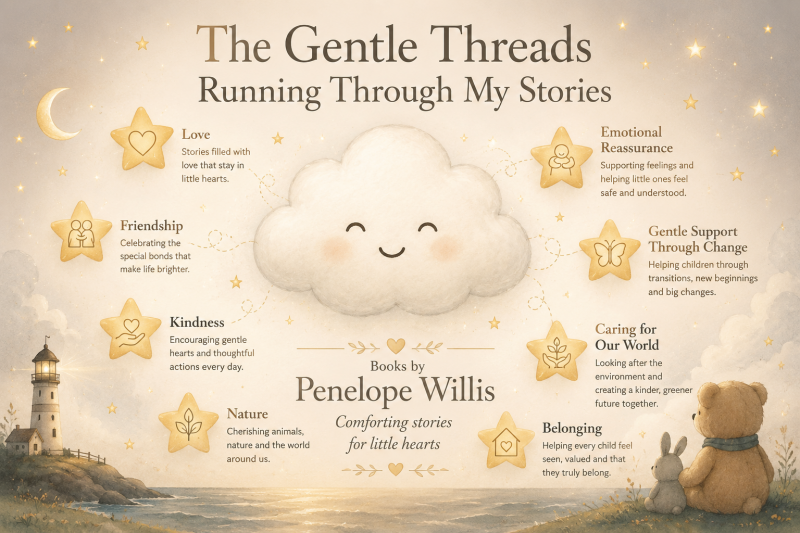 The Gentle Threads Running Through My Stories by Penelope Willis, featuring a smiling cloud and stars representing love, friendship, kindness, wonder, belonging and comfort through change.